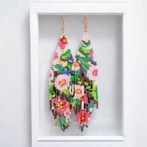 Floral Garden Party Pattern Beaded Tassel Earrings. New.